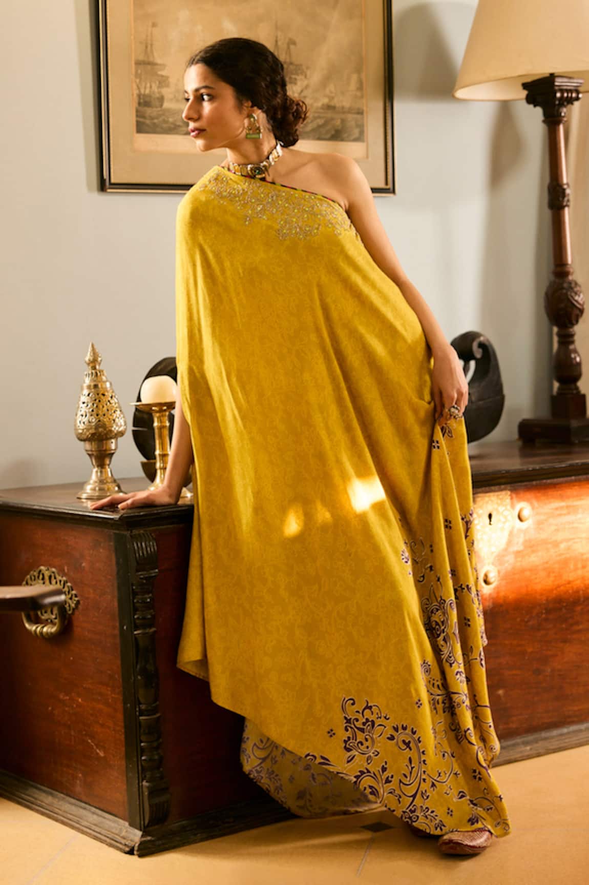 Saundh Yellow Muslin Silk Kaftan & Pant Set 