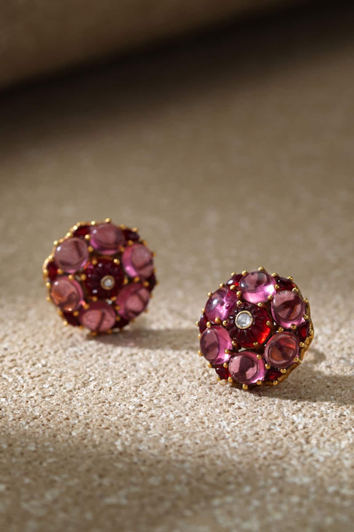 Tarun Tahiliani Cabochon Ruby Pink Stud Earrings 