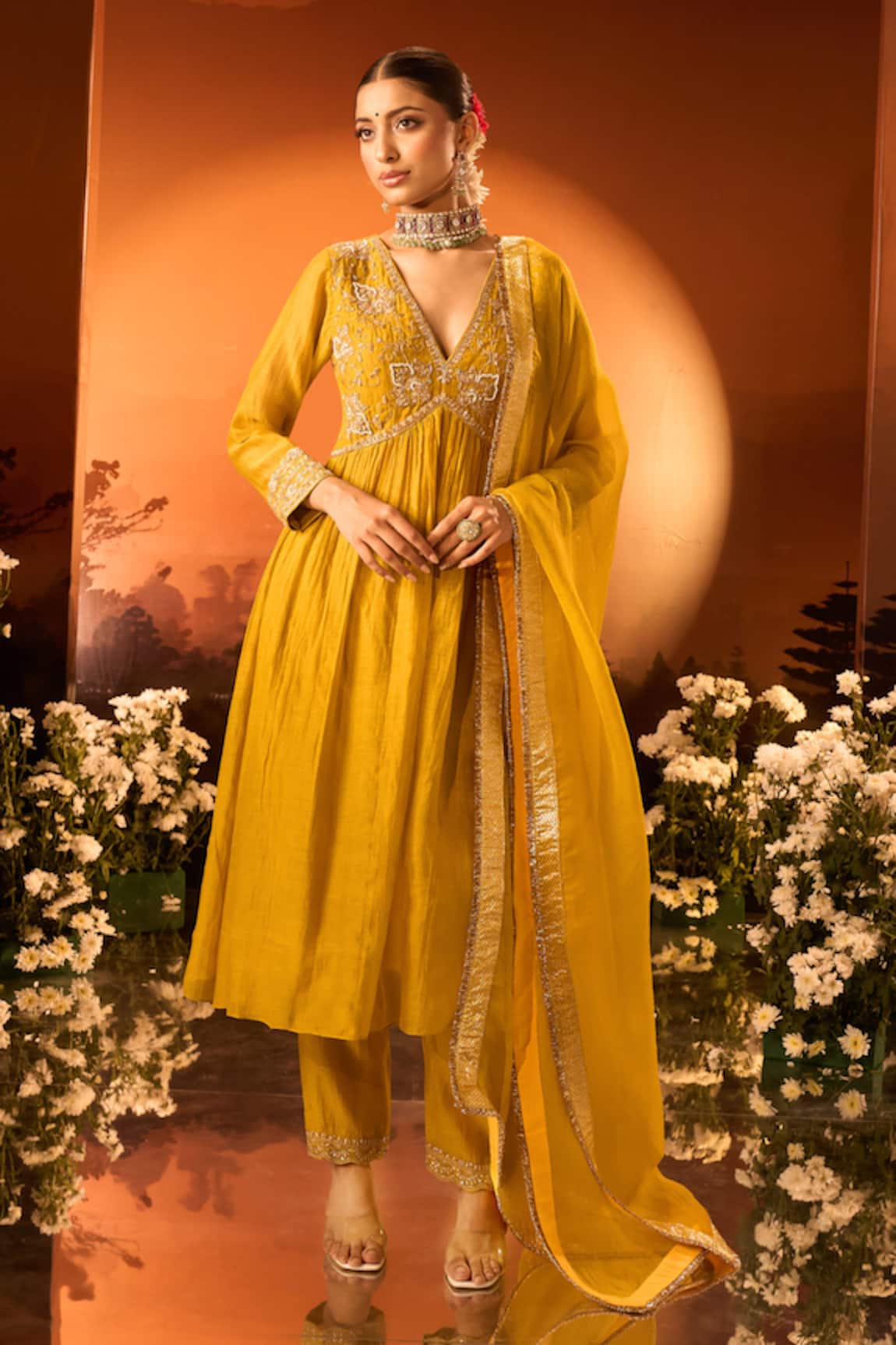 Neha Khullar x AZA Yellow Anarkali Set with Pant & Dupatta 
