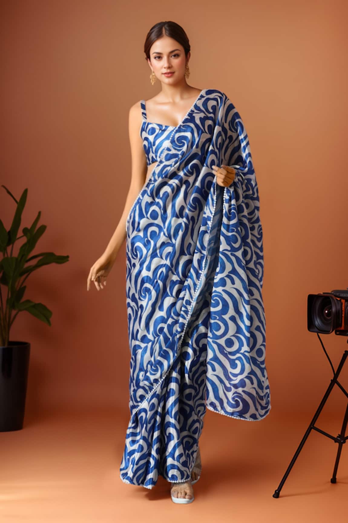 Samyukta Singhania Blue Printed Pre-Draped Saree Set 