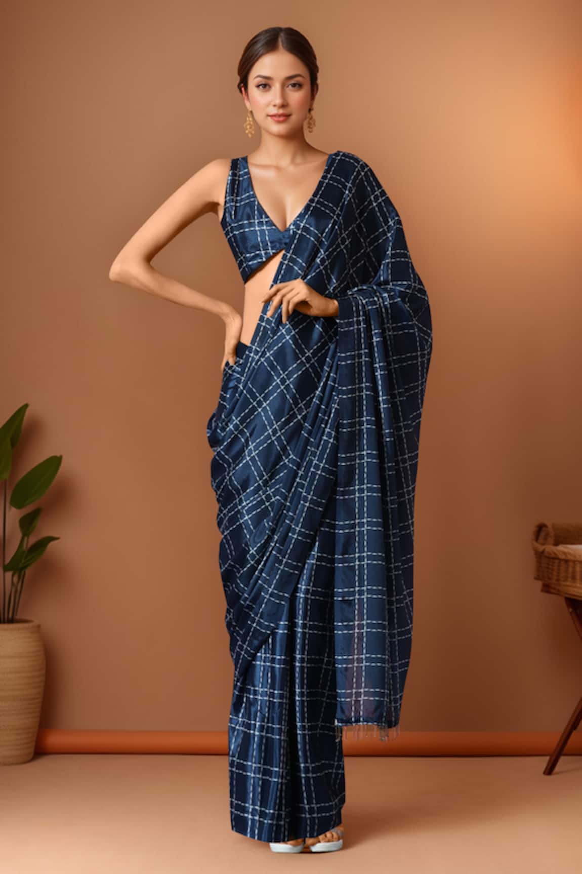 Samyukta Singhania Blue Printed Pre-Draped Saree Set 