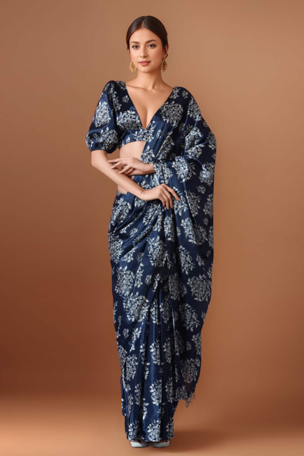 Samyukta Singhania Blue Printed Pre-Draped Saree Set 