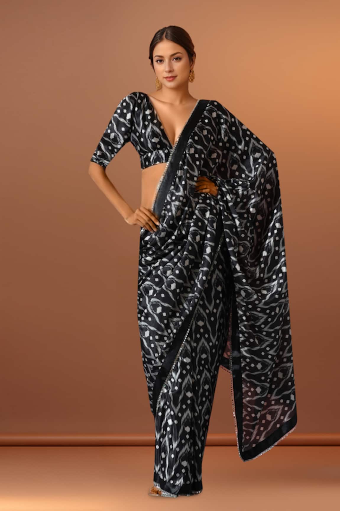 Samyukta Singhania Black Printed Pre-Draped Saree Set 