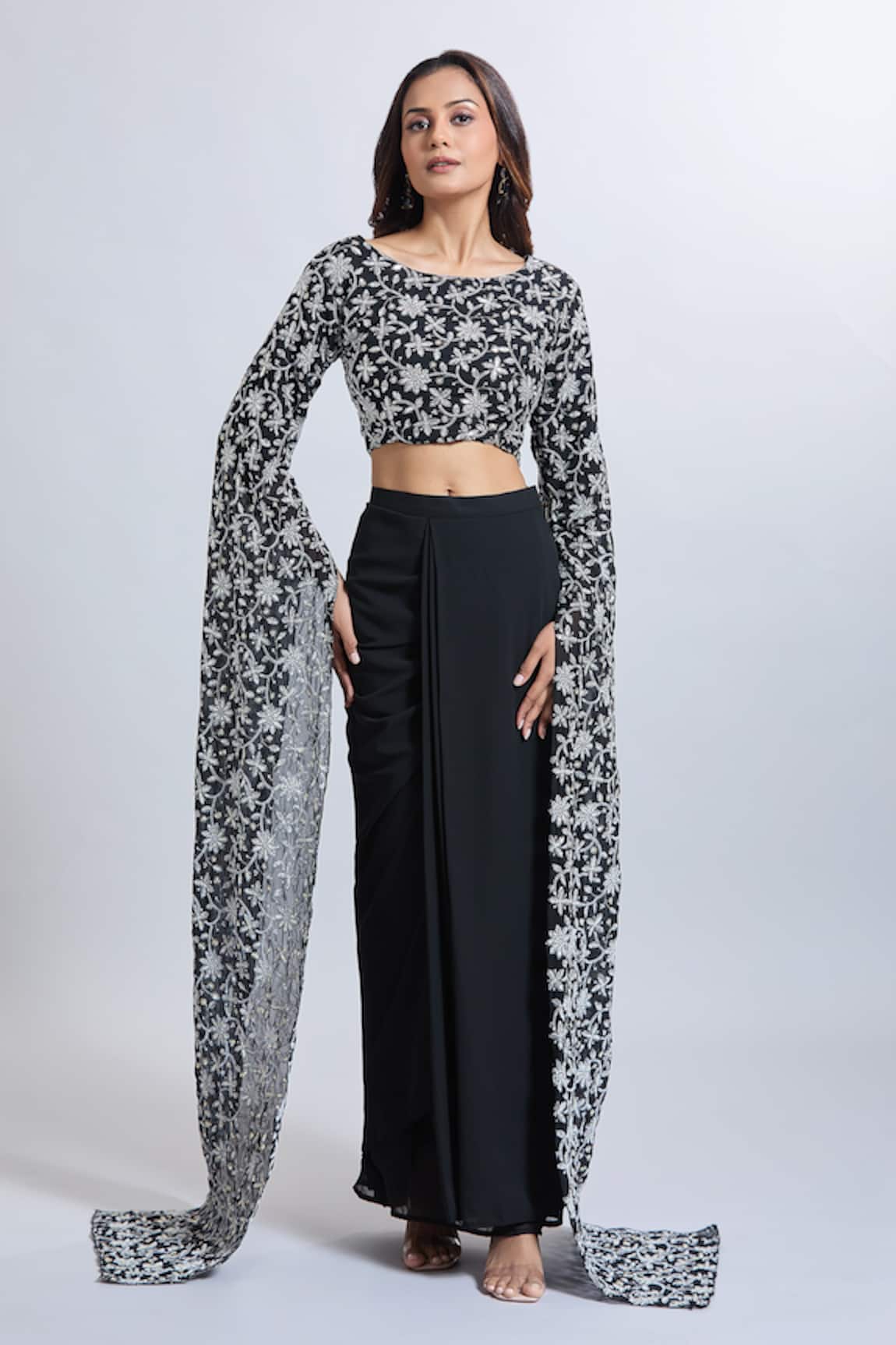 Samyukta Singhania Black Georgette Draped Skirt & Crop Top Set