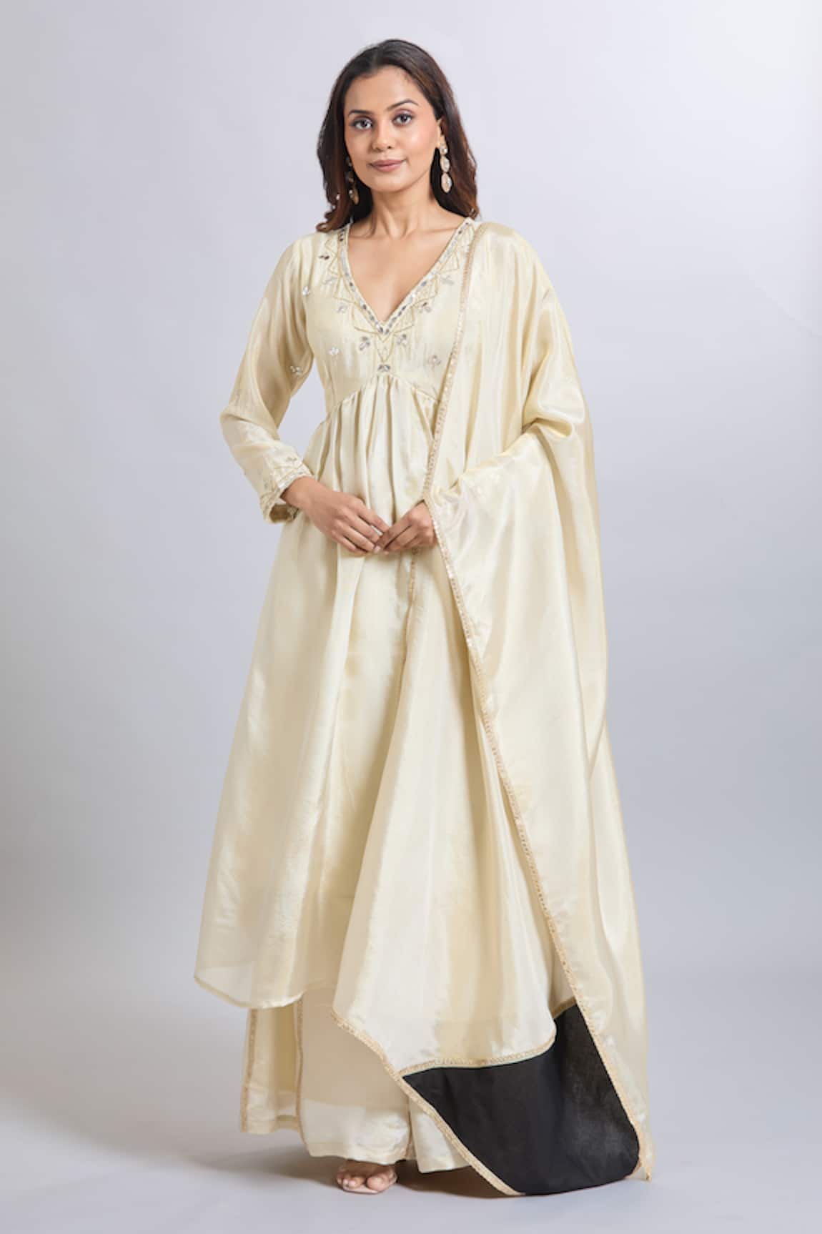 Samyukta Singhania Cream Tissue Anarkali Set