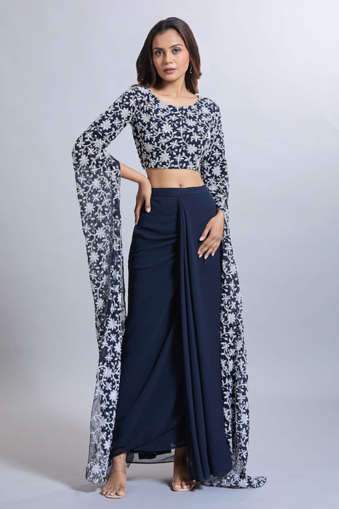 Samyukta Singhania Navy Blue Draped Skirt & Crop Top Set 