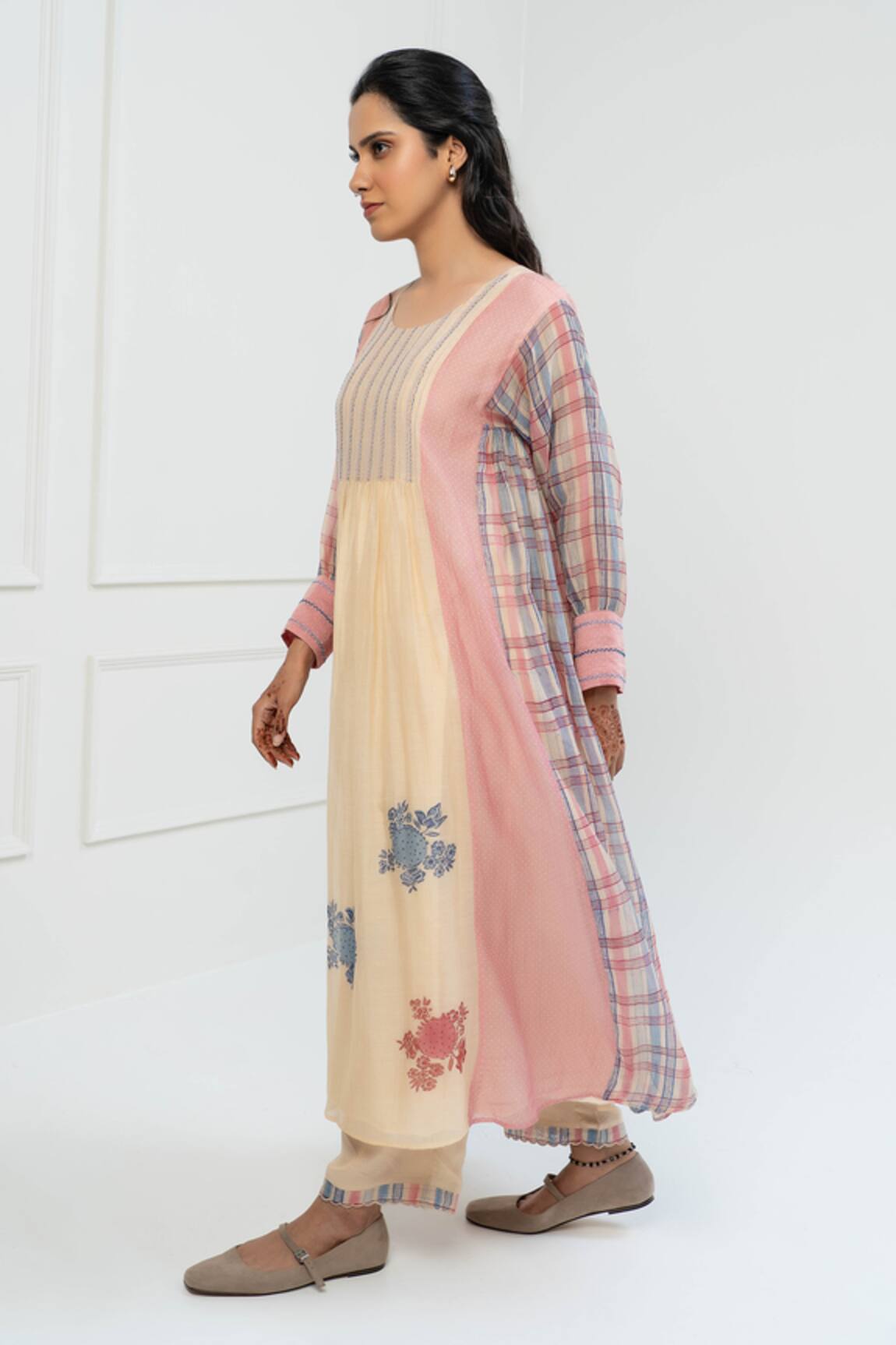 Pants and Pajamas Beige Chanderi Long Kurta with Dupatta 