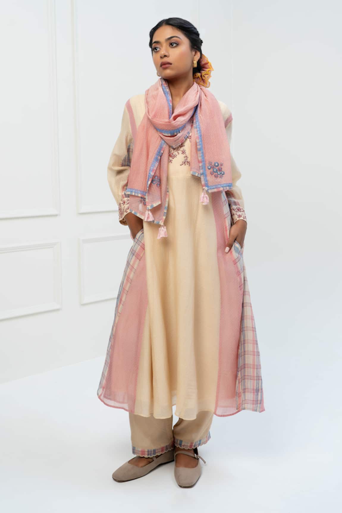 Pants and Pajamas Beige Chanderi Kurta Set with Stole 