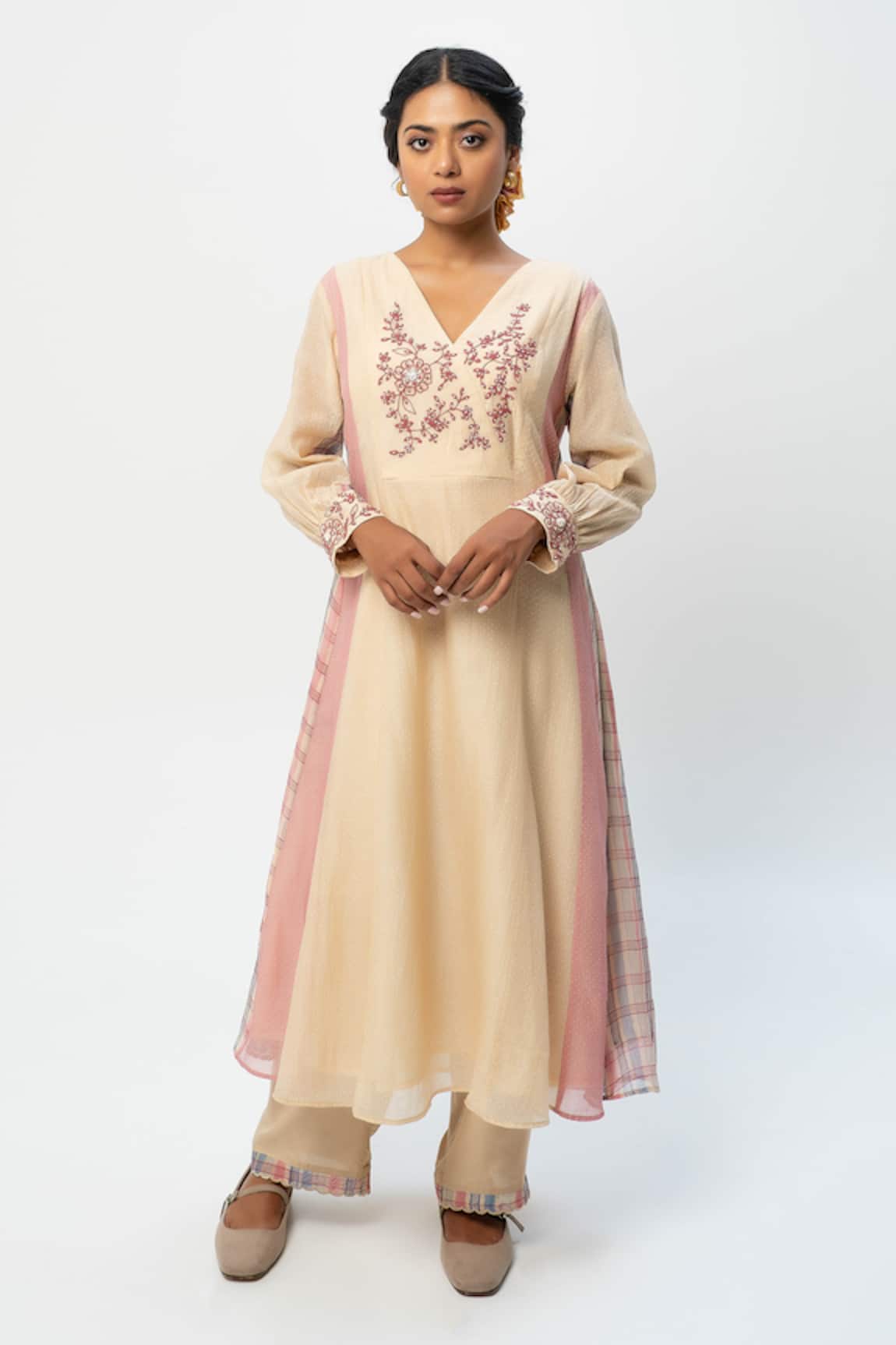 Pants and Pajamas Beige Chanderi Printed Kurta Set 