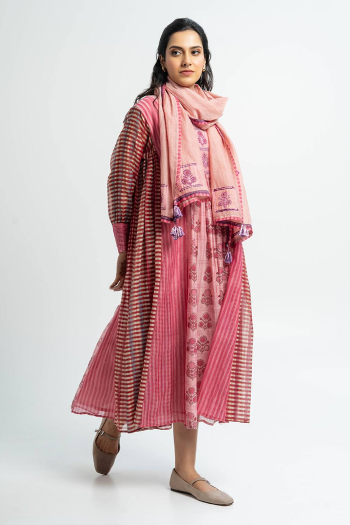 Pants and Pajamas Pink Chanderi Printed Kurta Set 
