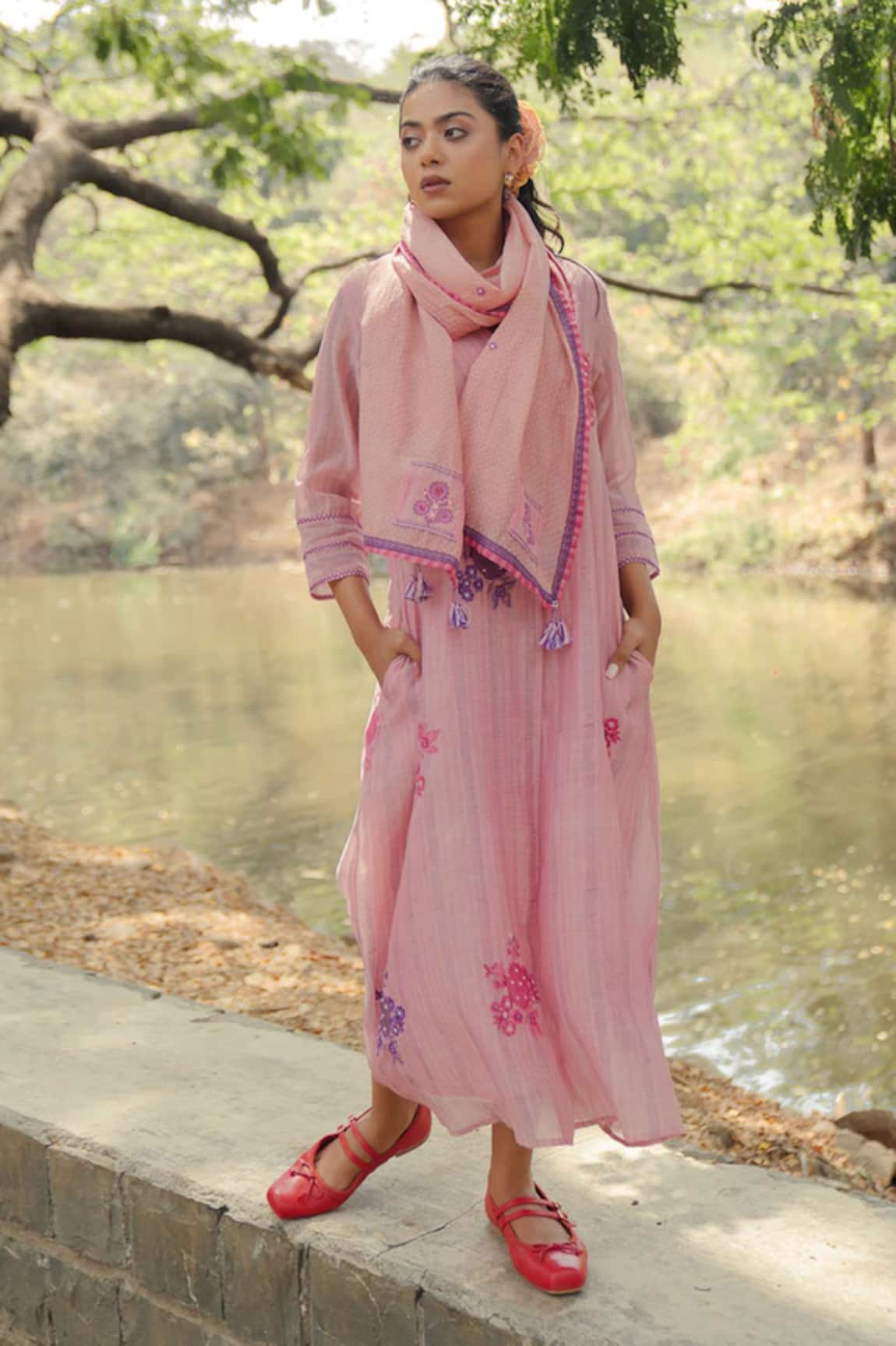 Pants and Pajamas Pink Chanderi Printed Kurta Set 