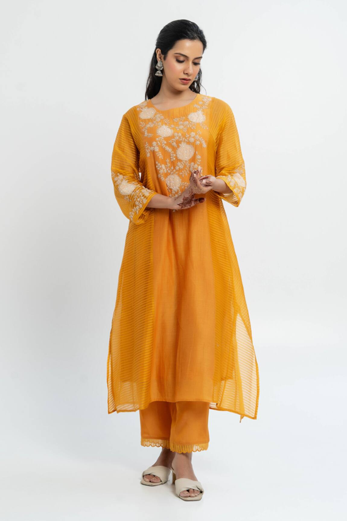 Pants and Pajamas Embroidered Chanderi Kurta Set 