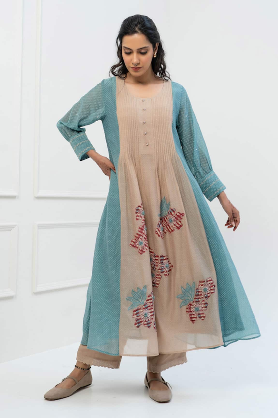 Pants and Pajamas Beige Printed Chanderi Kurta Set 