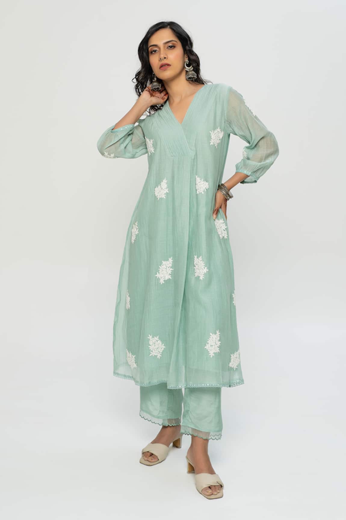Pants and Pajamas Chanderi Embroidered Kurta Set 