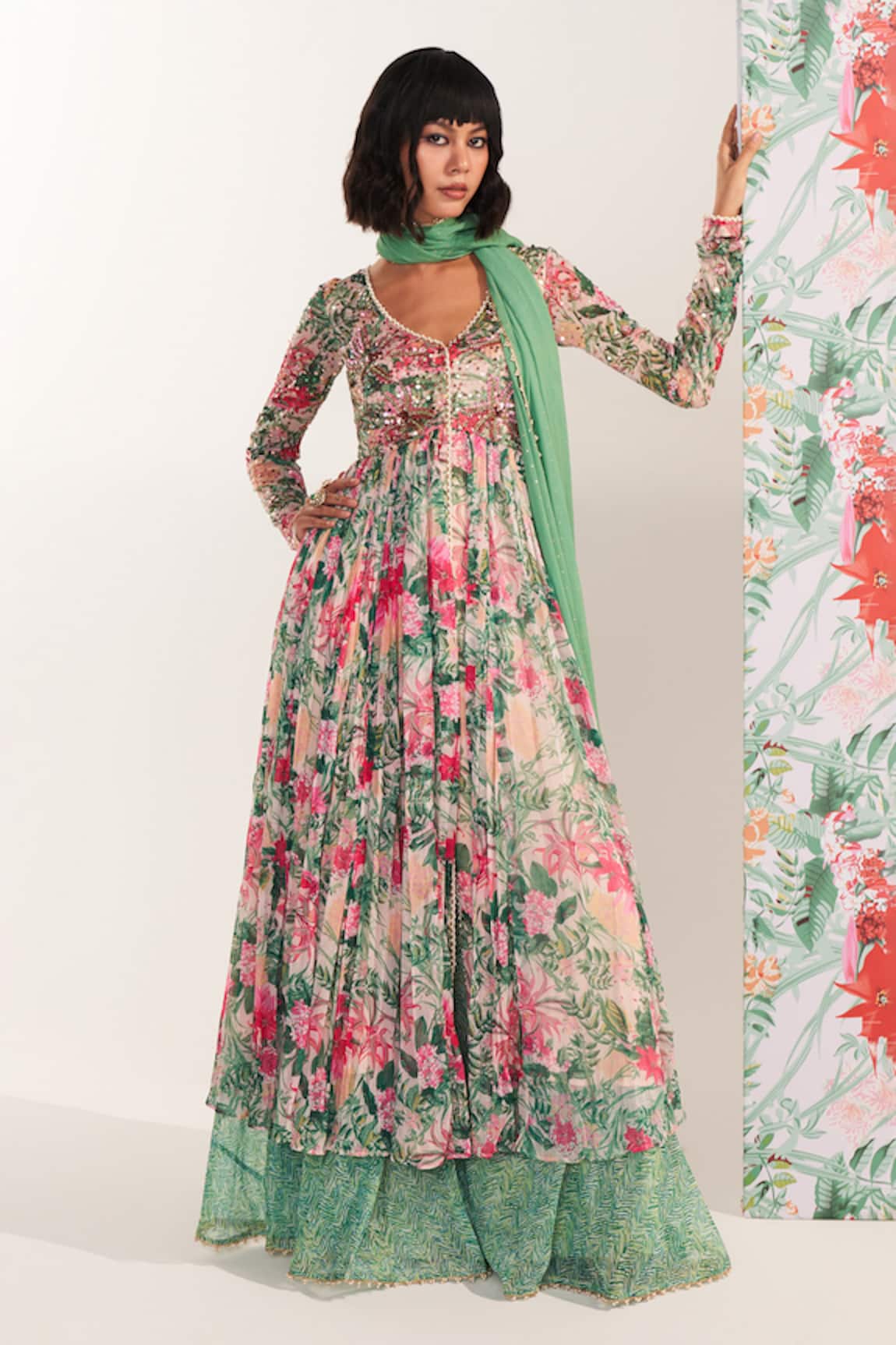 Mustard Moon by Neyha and Vrinda Zahra Green Floral Anarkali Set 