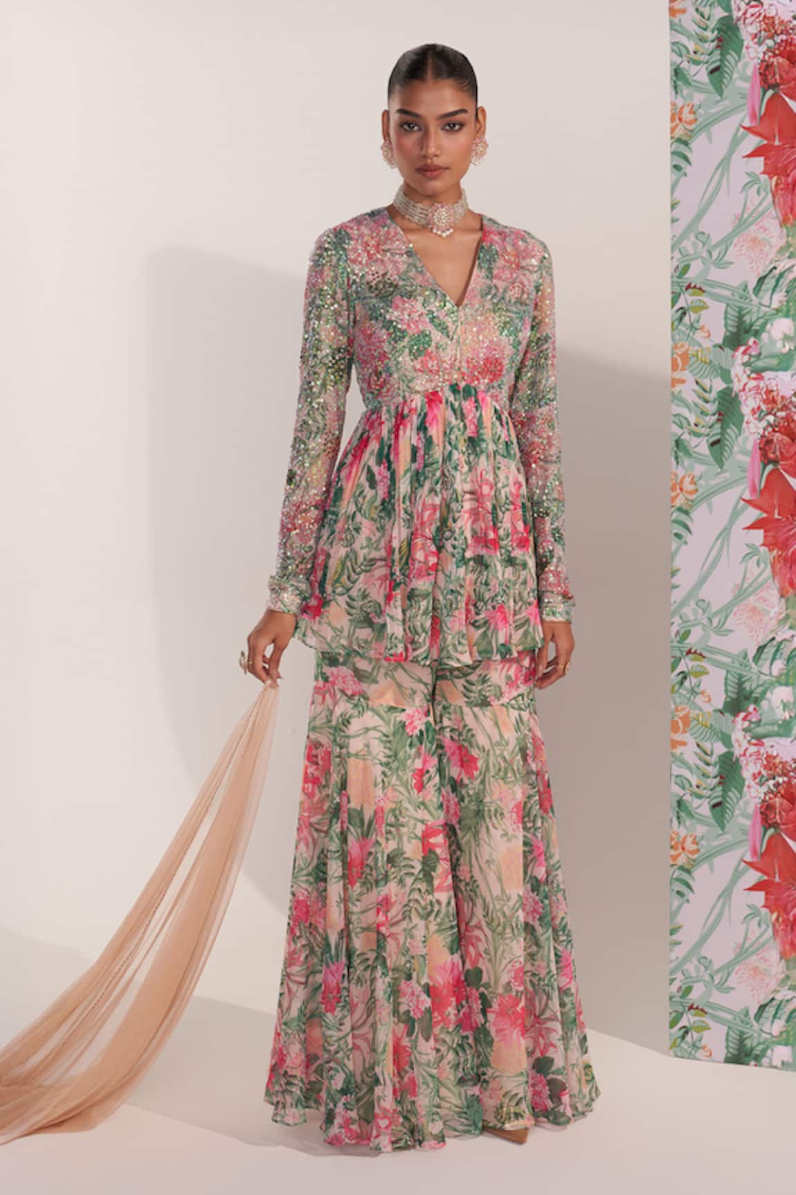 Mustard Moon by Neyha and Vrinda Floral Chiffon Kurta & Sharara Set 