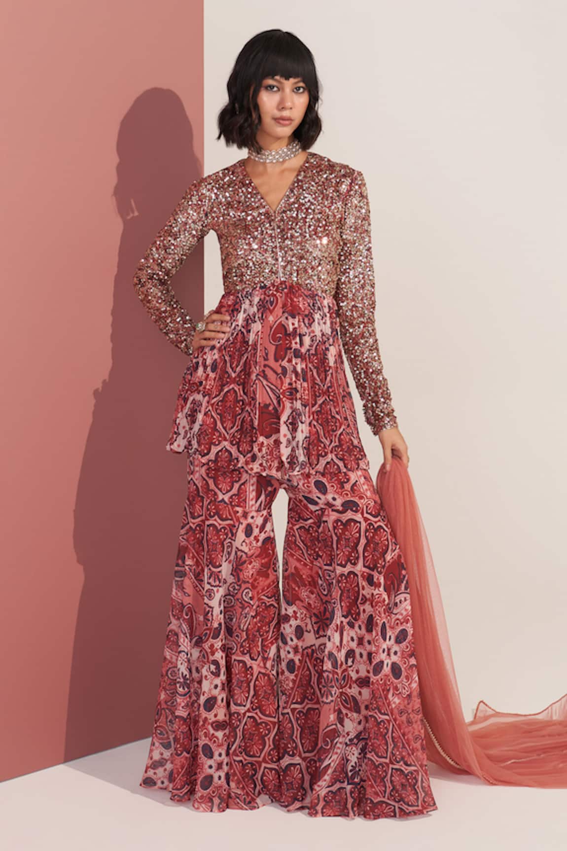 Mustard Moon by Neyha and Vrinda Multi Color Sequined Kurta & Sharara Set 