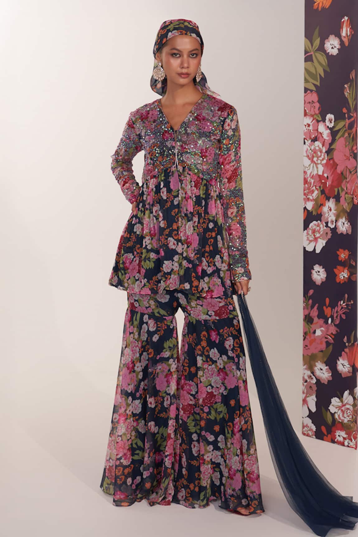 Mustard Moon by Neyha and Vrinda Floral Chiffon Kurta & Sharara Set 