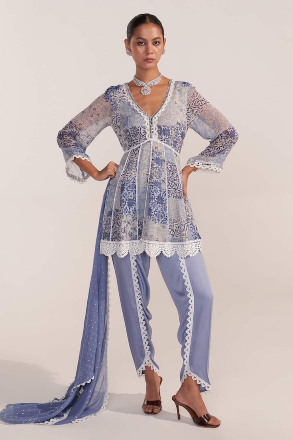 Mustard Moon by Neyha and Vrinda Cornflower Blue Peplum Dhoti Set 