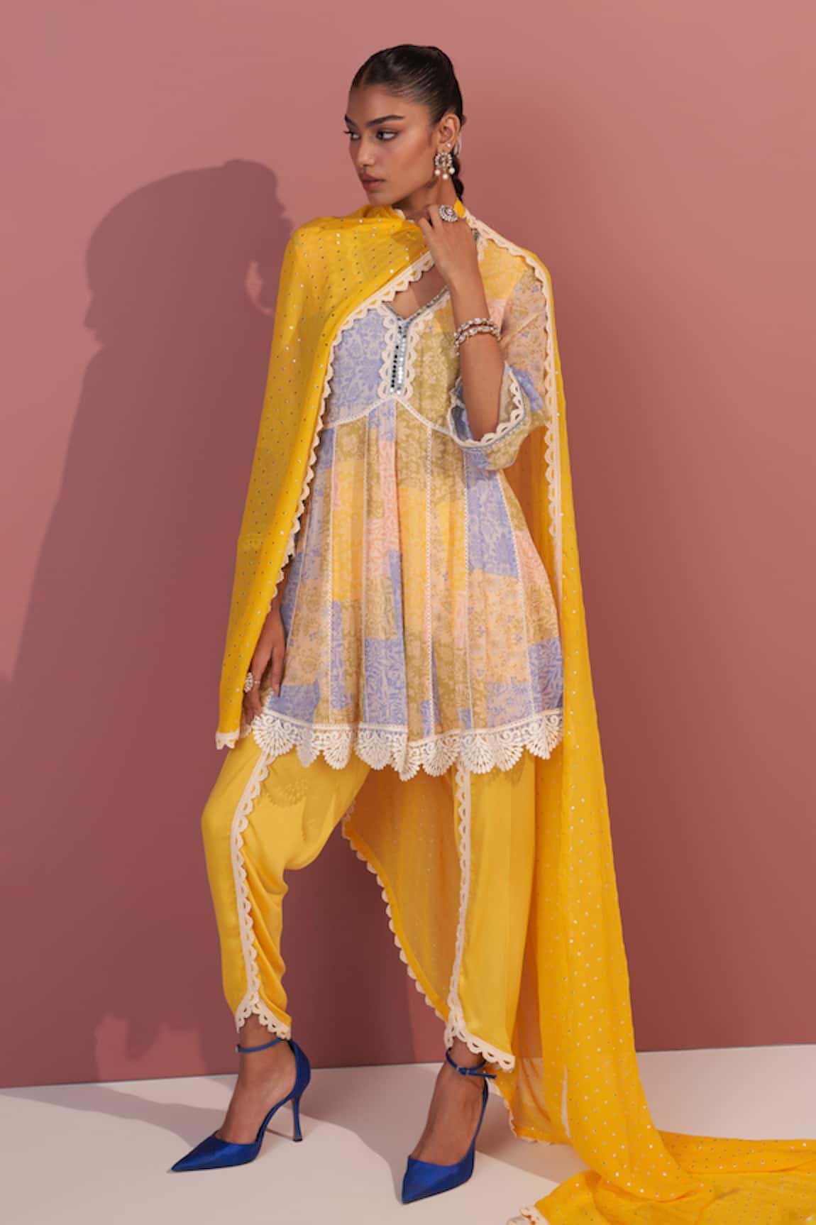 Mustard Moon by Neyha and Vrinda Asaf Yellow Peplum Kurta Dhoti Set 
