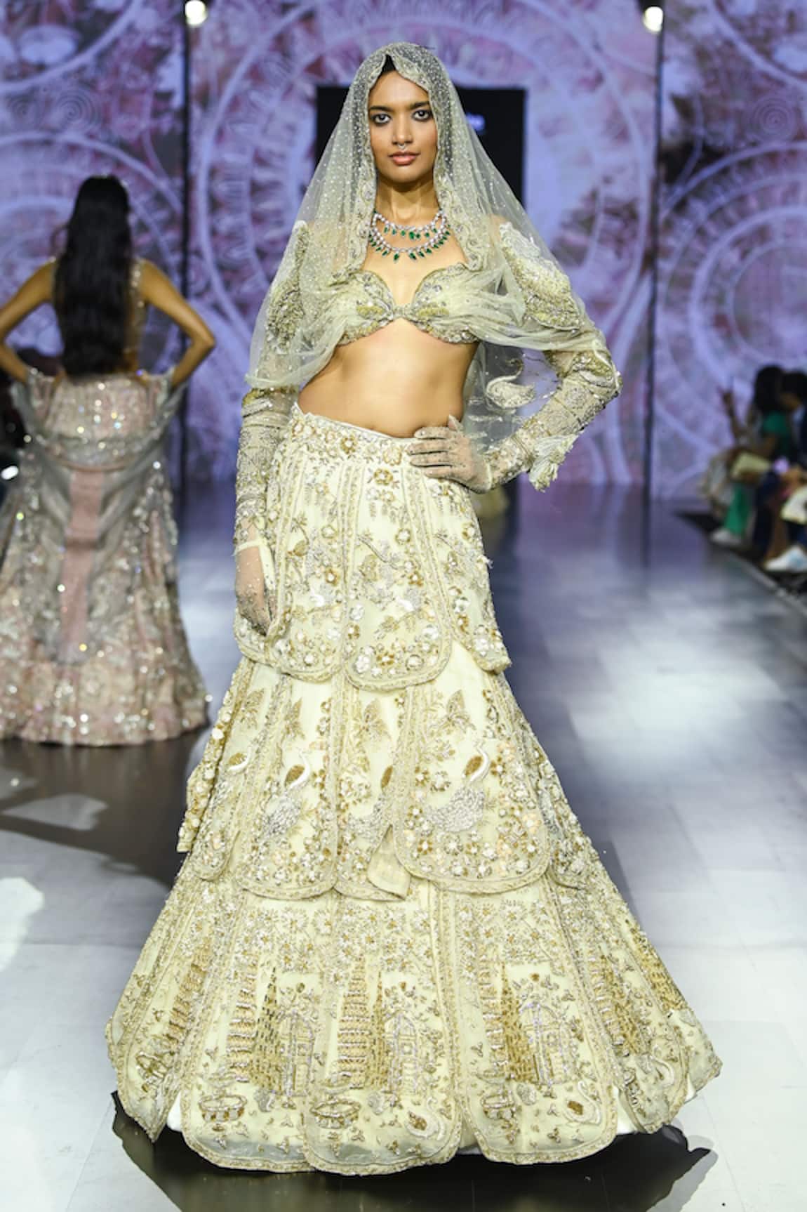 Megha Bansal Ecru Golden Tuscan Bloom Petal Lehenga Set 