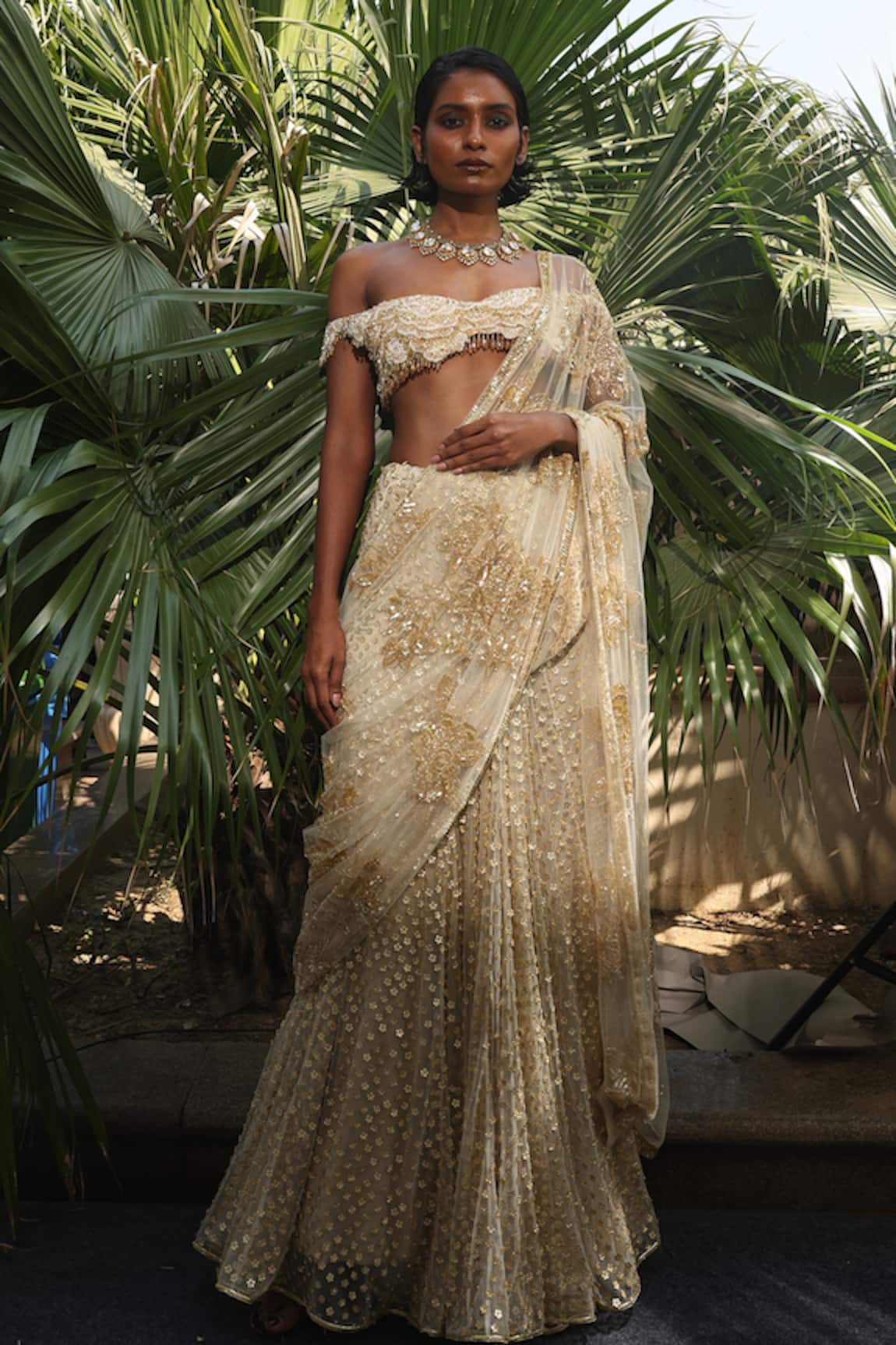 Megha Bansal Ecru Golden Lehenga Saree With Blouse 