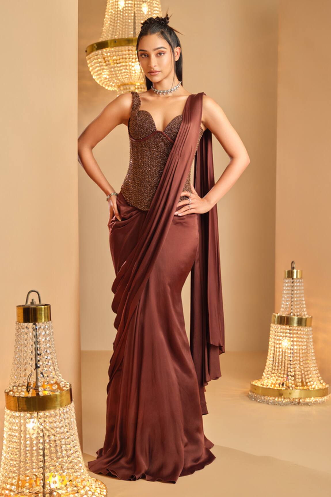 K&A By Karishma and Ashita Brown Pre-Draped Saree & Corset Set 