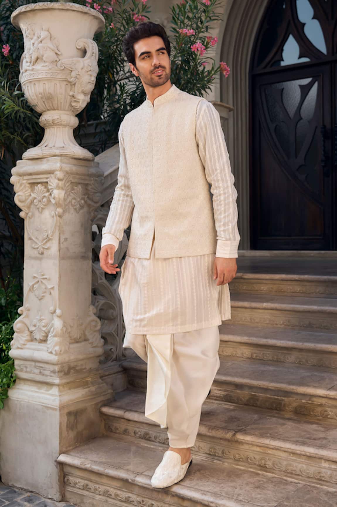 Seema Gujral Ivory Raw Silk Bundi Kurta Set 