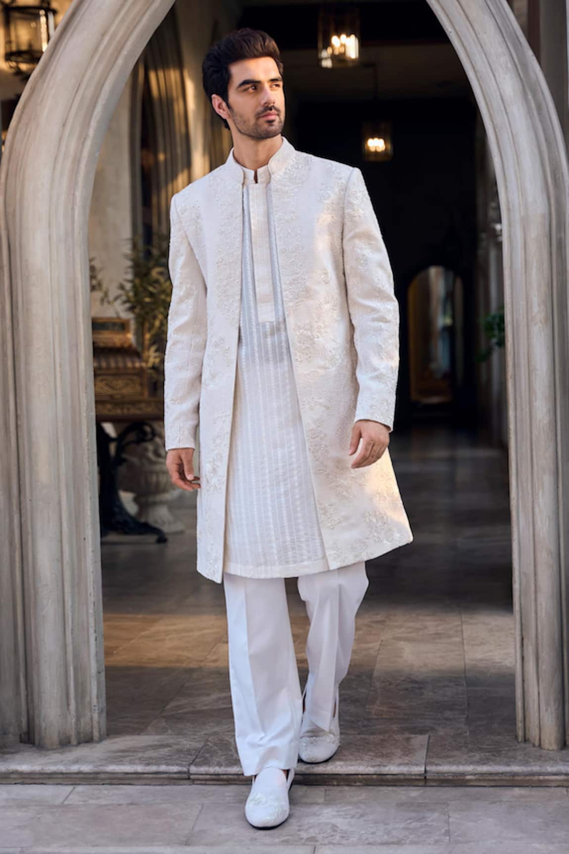 Seema Gujral Cream Embroidered Sherwani & Kurta Set 
