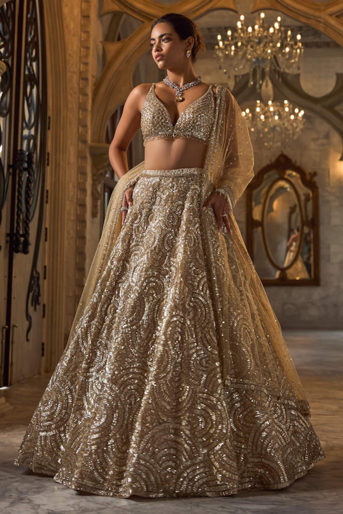 Seema Gujral Gold Sequin Lehenga Set 