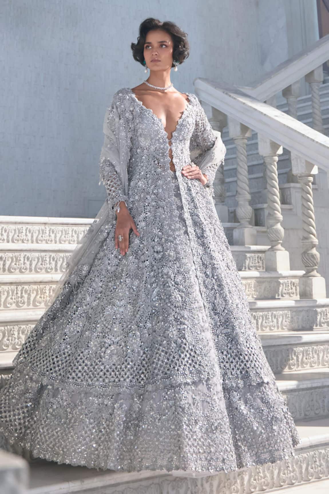 Seema Gujral Silver Cut Work Jacket Lehenga Set 