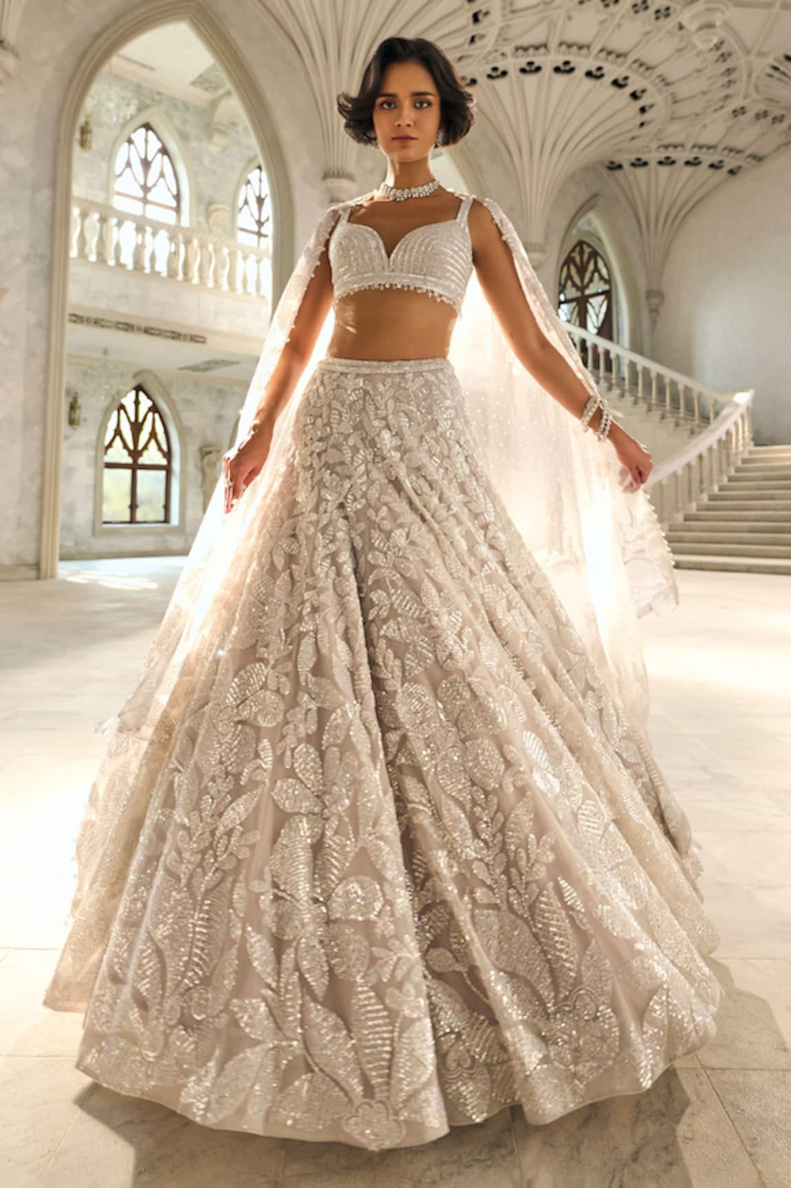 Seema Gujral Floral Silver Lehenga Set 
