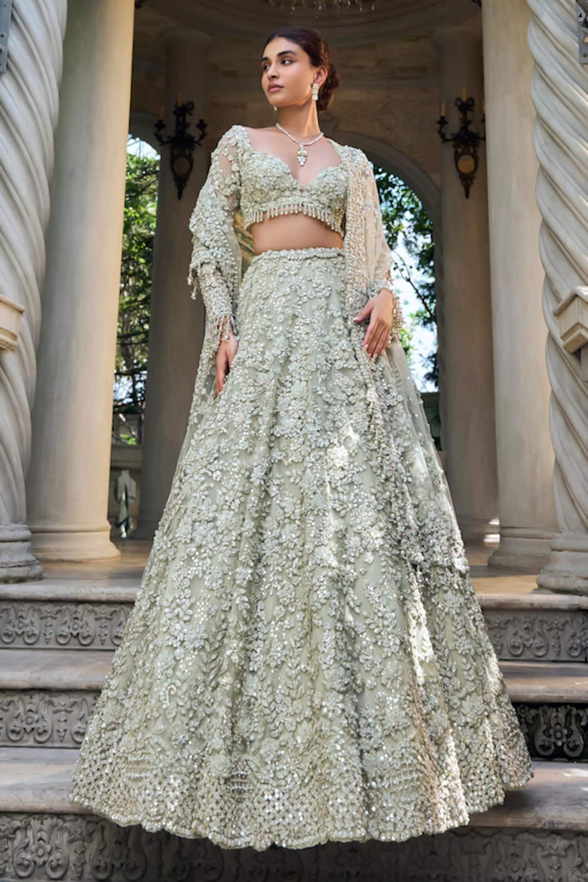 Seema Gujral Three-Dimensional Sage Green Lehenga Set 