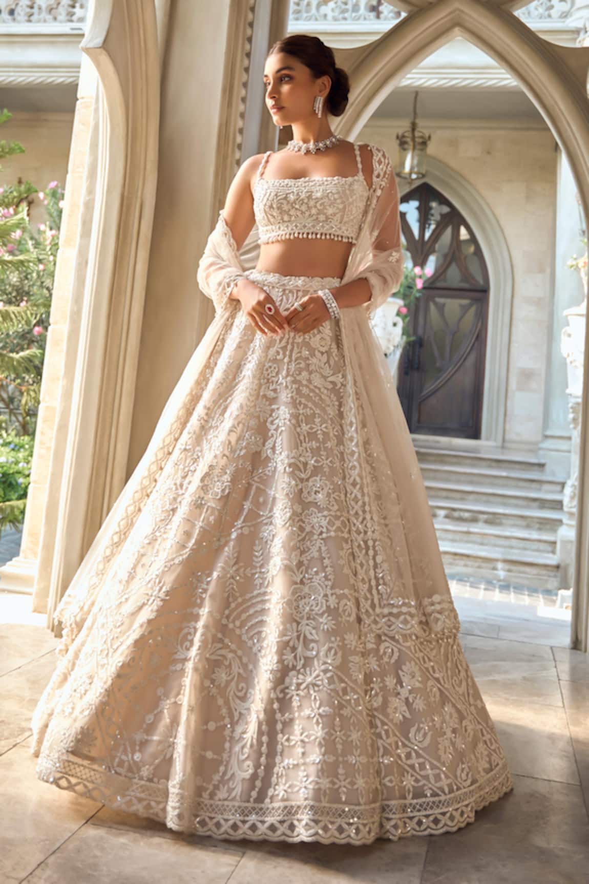 Seema Gujral Beige Abstract Dori Lehenga Set 