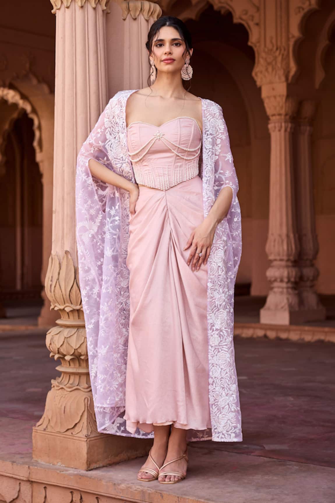 SAANJH BY LEA Baby Pink Satin Skirt Set  