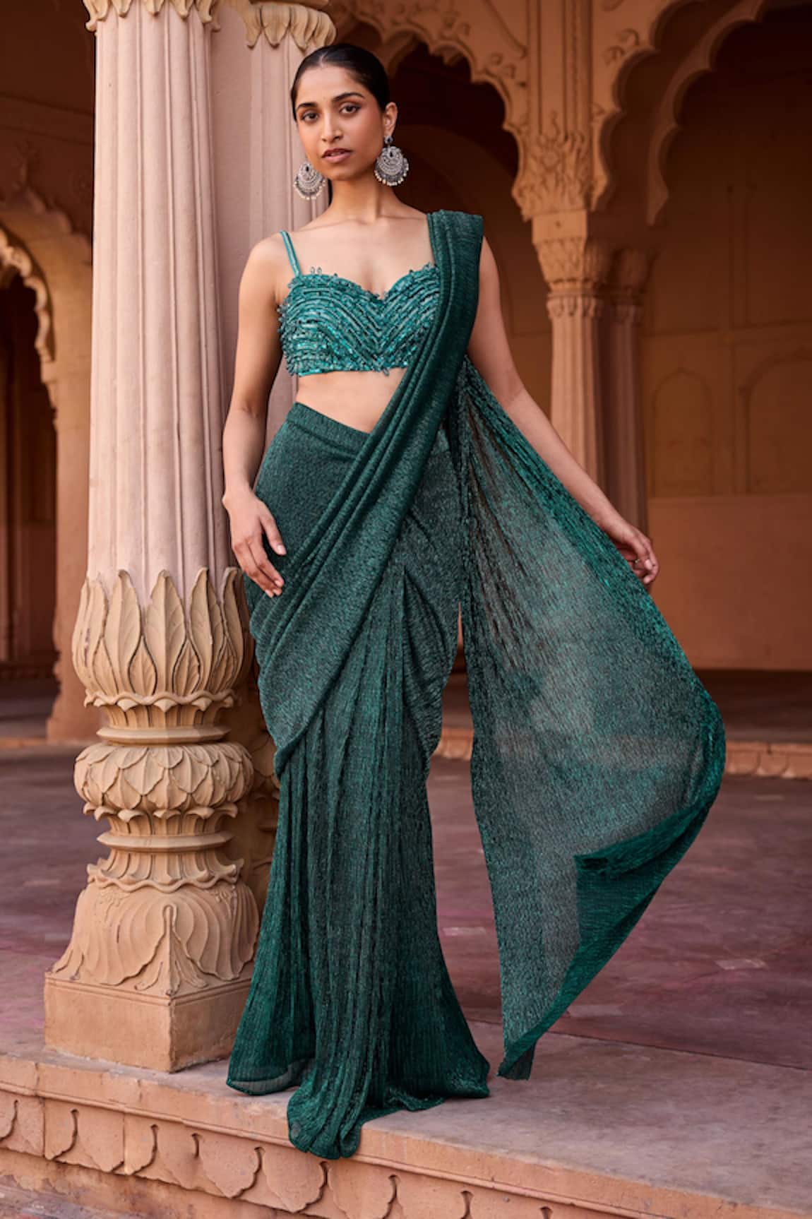 SAANJH BY LEA Emerald Green Crinkled Chiffon Pre-Draped Saree With Blouse 