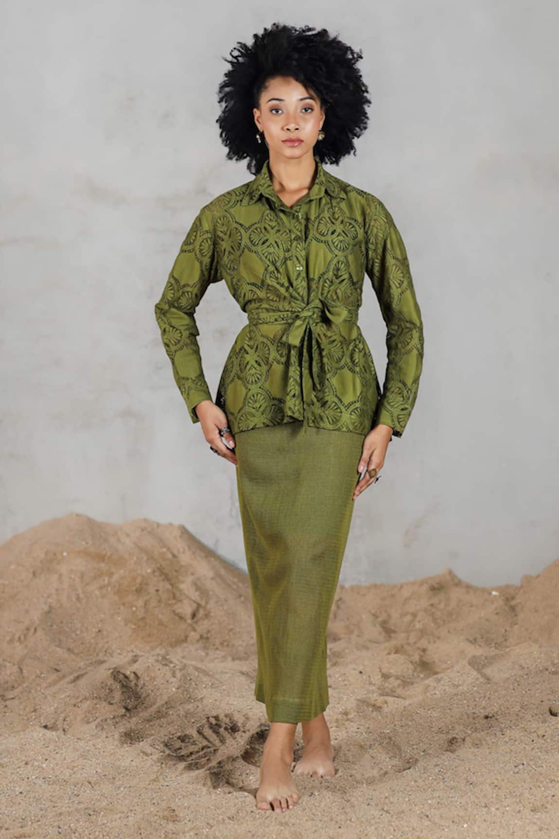 Coeur Green Cotton Knitted Net Skirt Set 