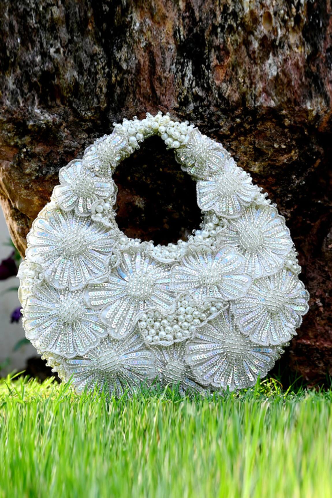 Clutch'D Ivory Sequined Floral Handbag 