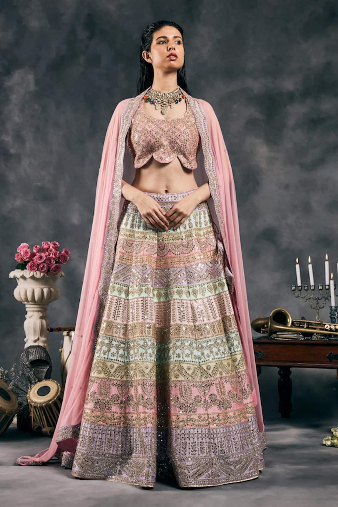 Vandana Sethi Multi-color Mirror Embroidered Lehenga Set 