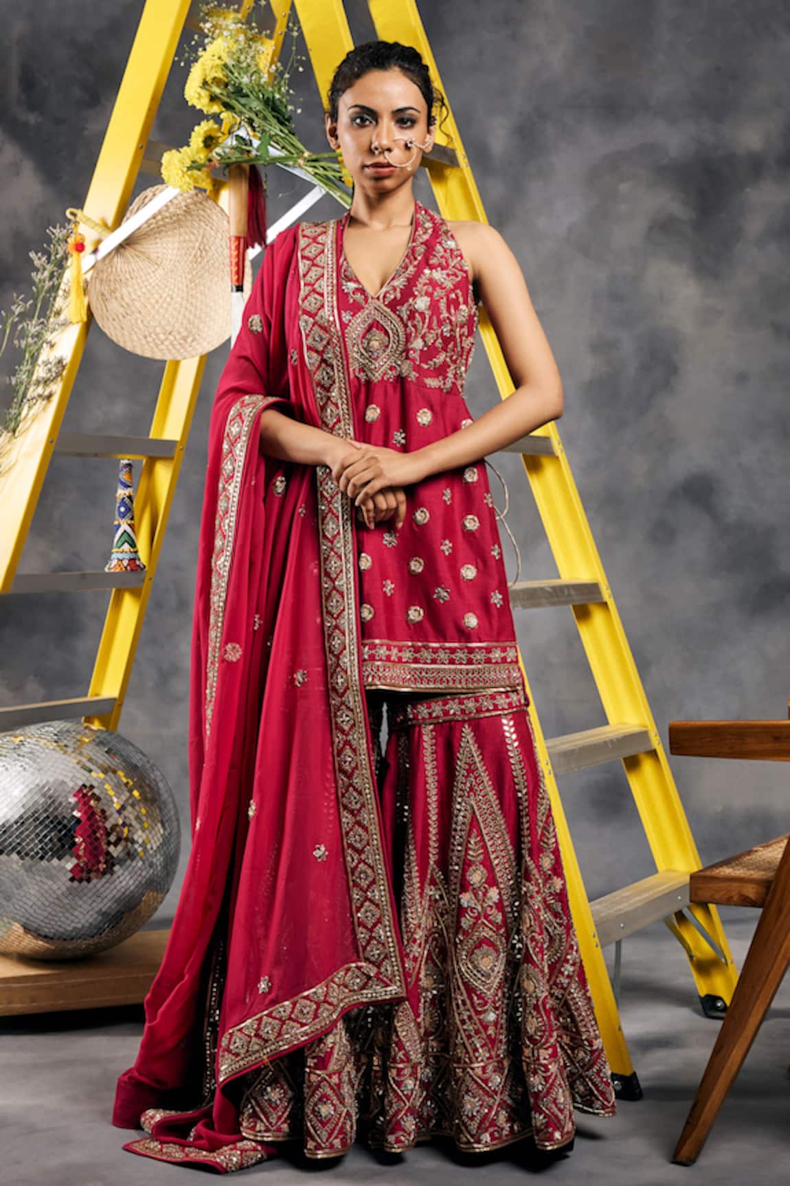 Vandana Sethi Red Dabka Embroidered Kurta Sharara Set 