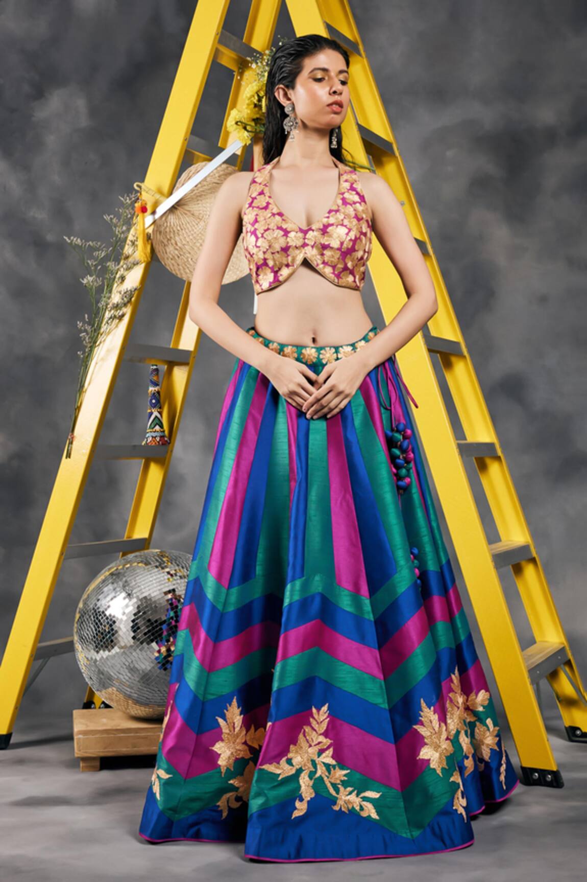 Vandana Sethi Blue & Green Gota Embroidered Fusion Lehenga With Blouse 