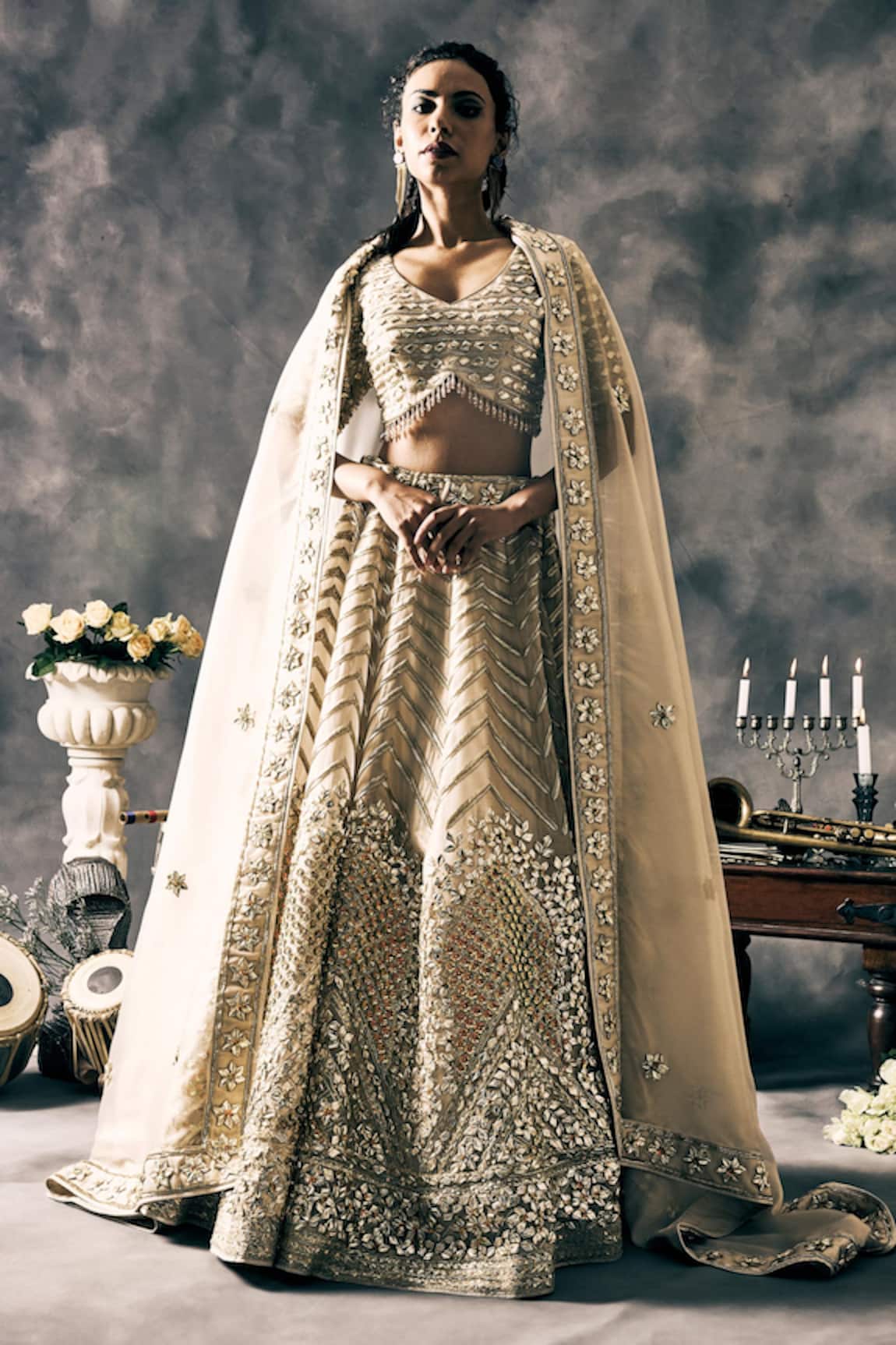 Vandana Sethi Ivory Embroidered Lehengas Set 