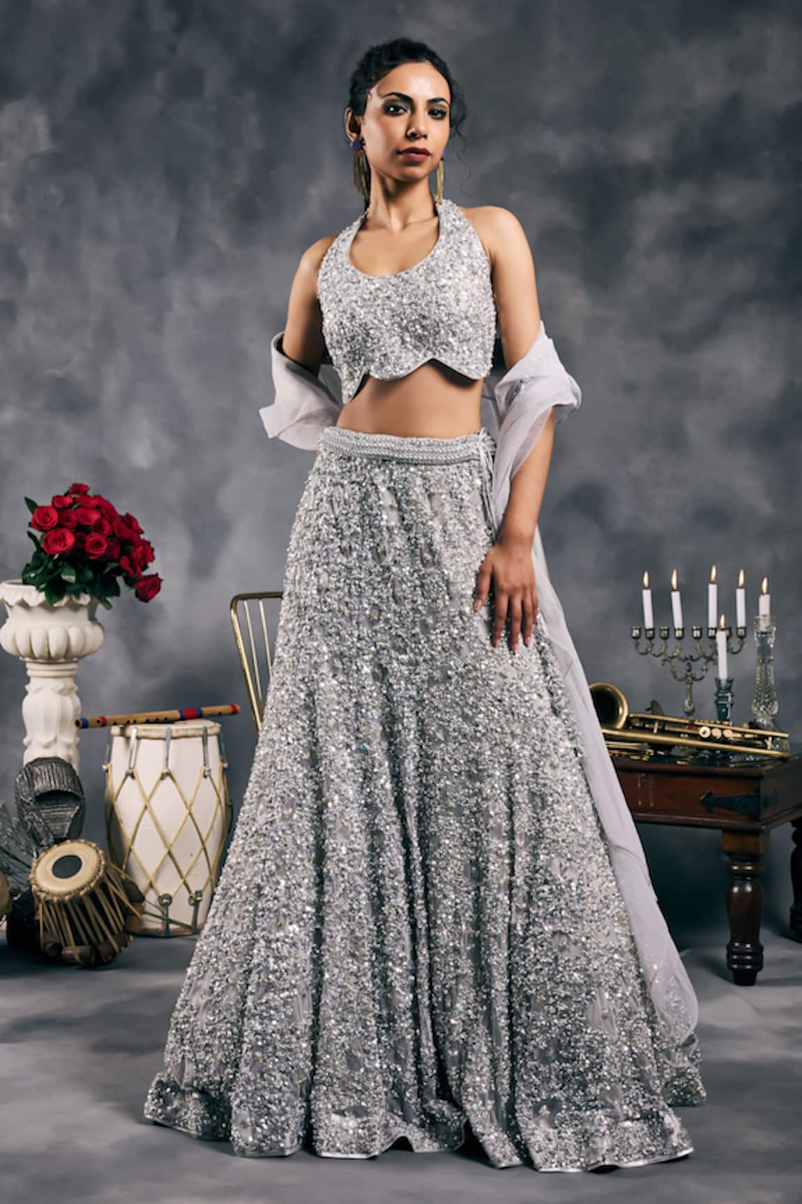 Vandana Sethi Silver Sequined Fusion Lehenga Set 