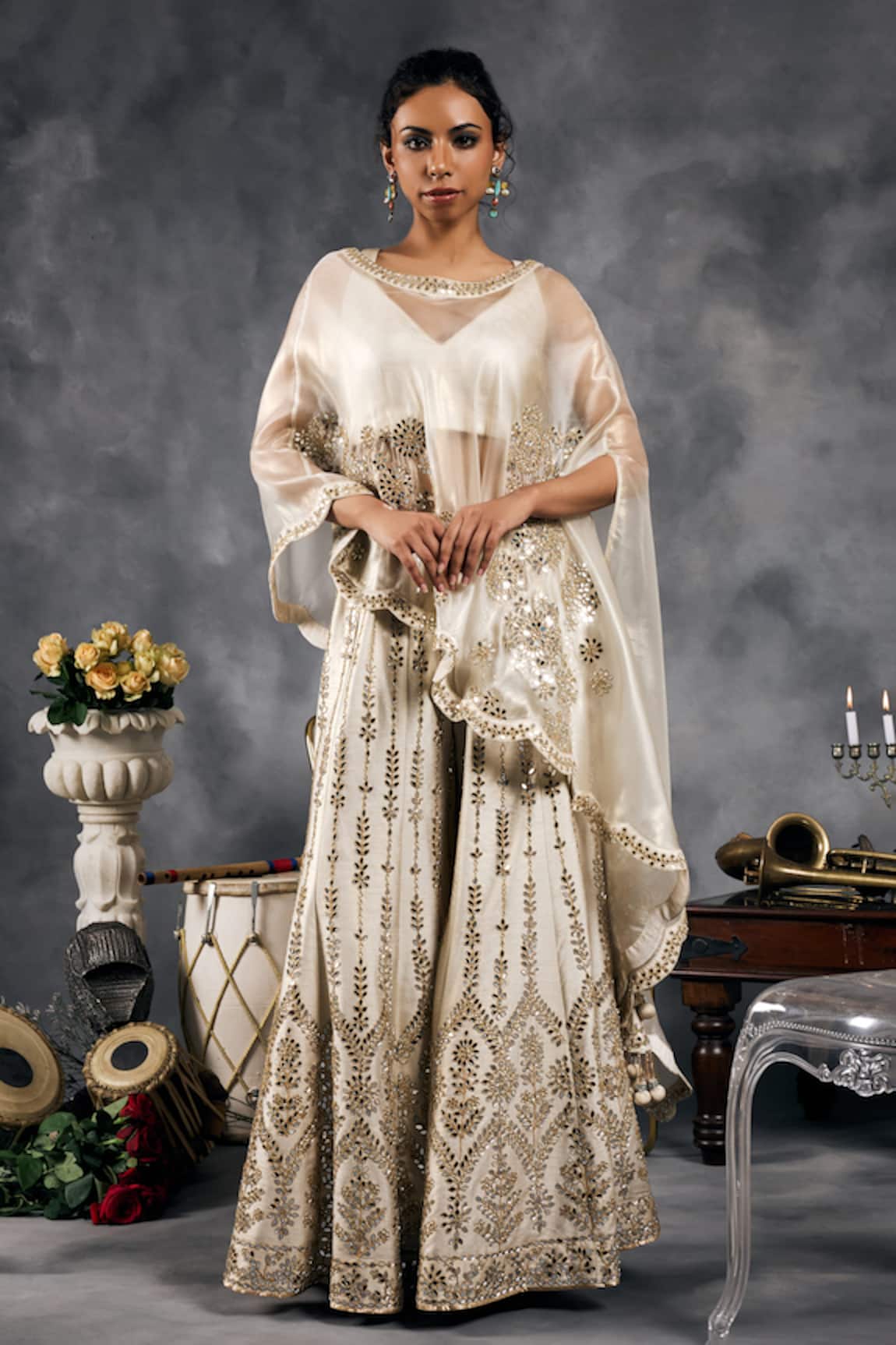 Vandana Sethi Ivory Gold Mirror Embroidered Kurta Set 