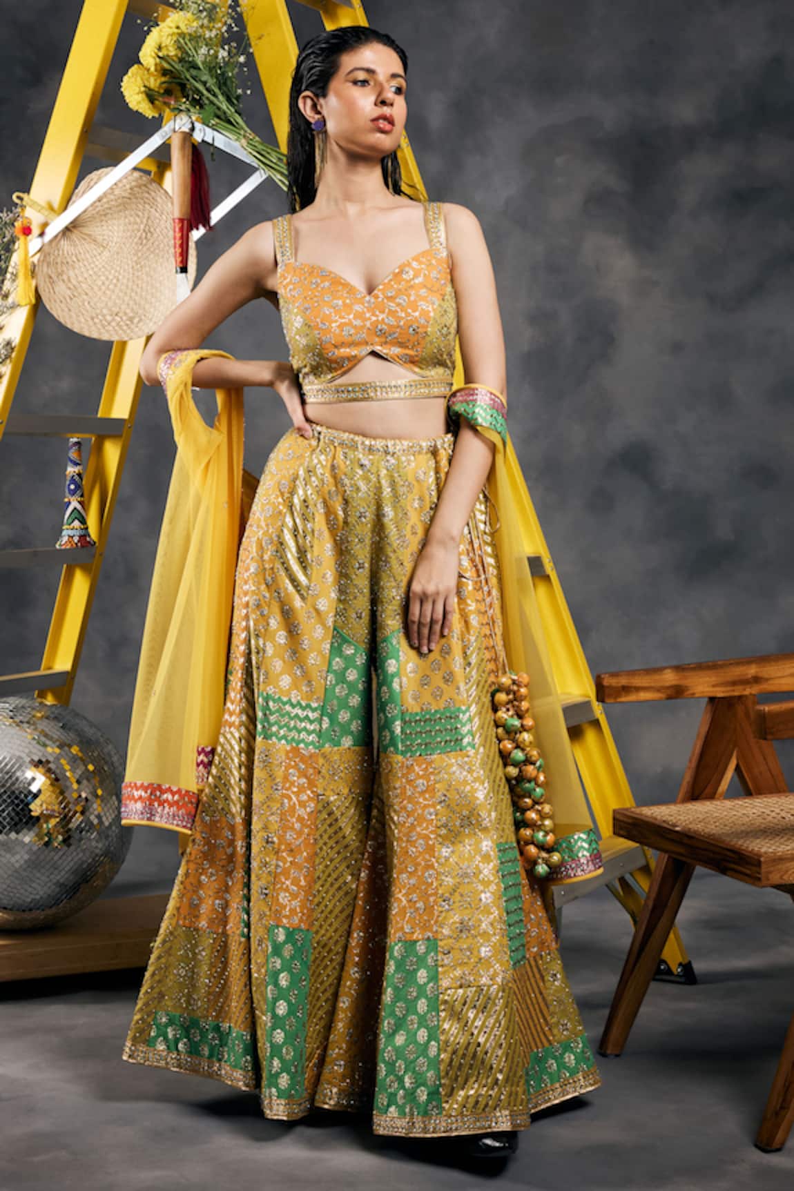 Vandana Sethi Mustard Chanderi Silk Embroidered Sharara Set 