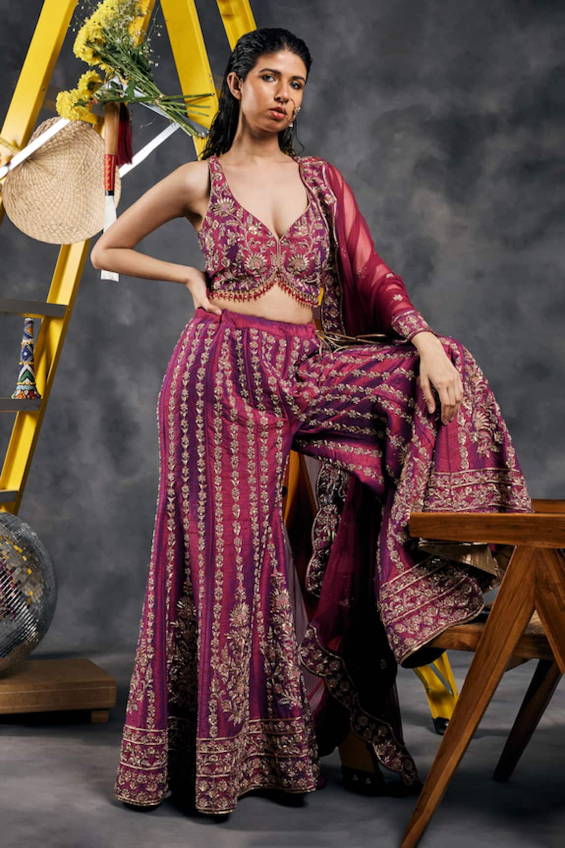 Vandana Sethi Wine Dabka Embroidered Sharara Set 