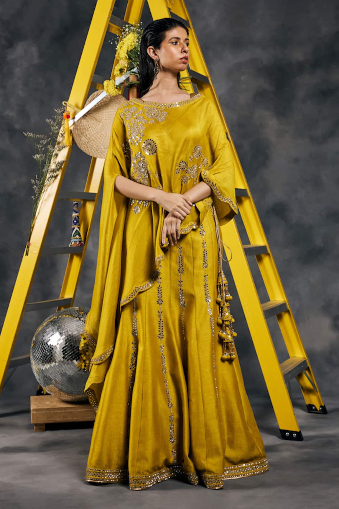 Vandana Sethi Green Mirror Embroidered Cape Lehenga Set 