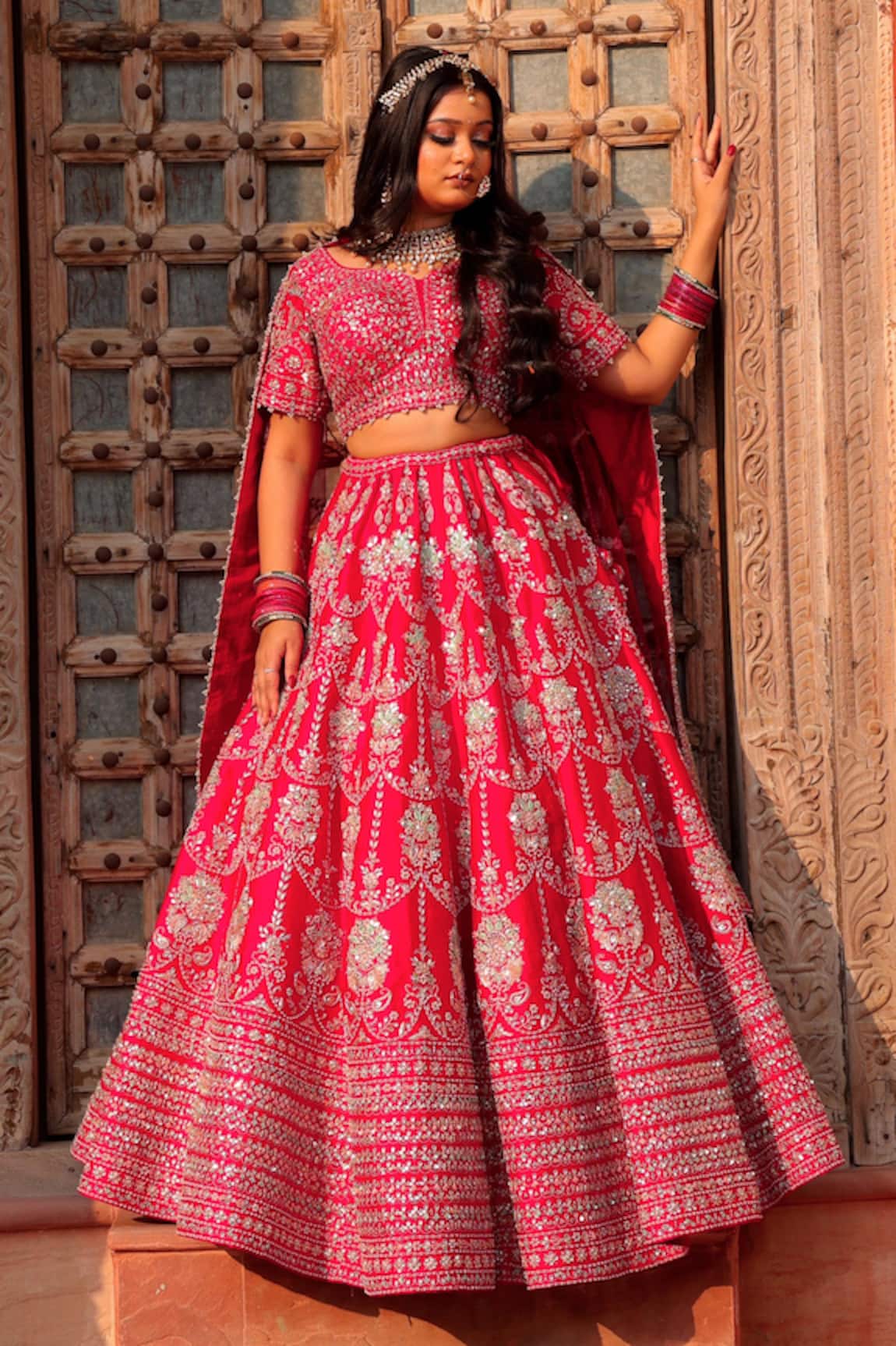 Amaltas Couture Red Raw Silk Embroidered Lehenga Set 