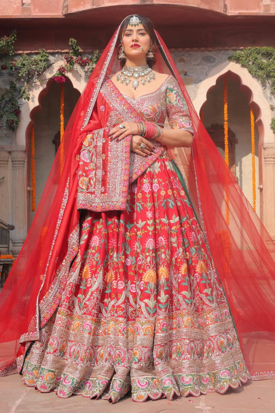 Amaltas Couture Red Silk Embroidered Bridal Lehenga Set 