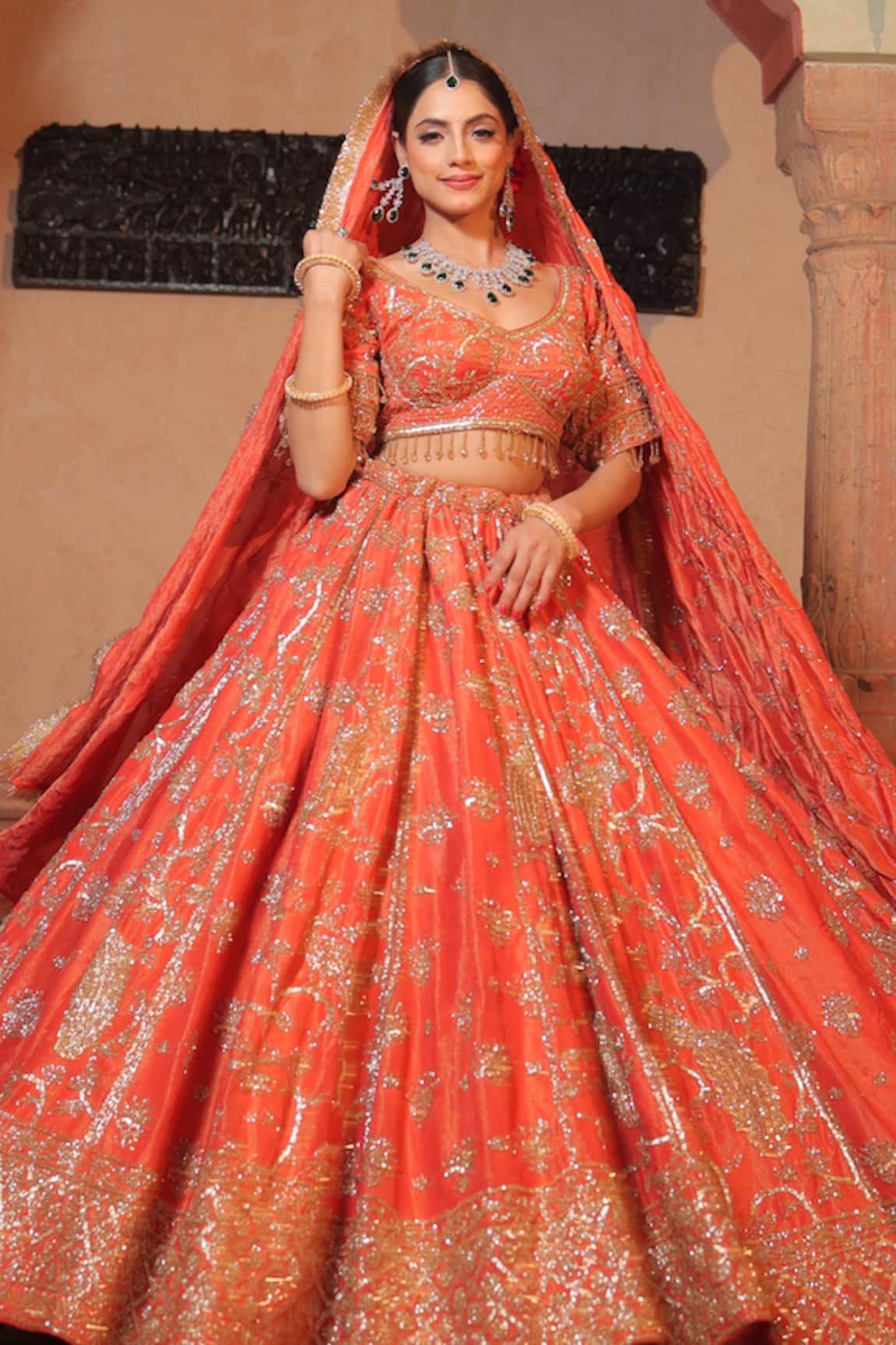 Amaltas Couture Rust Orange Sequined Bridal Lehenga Set 